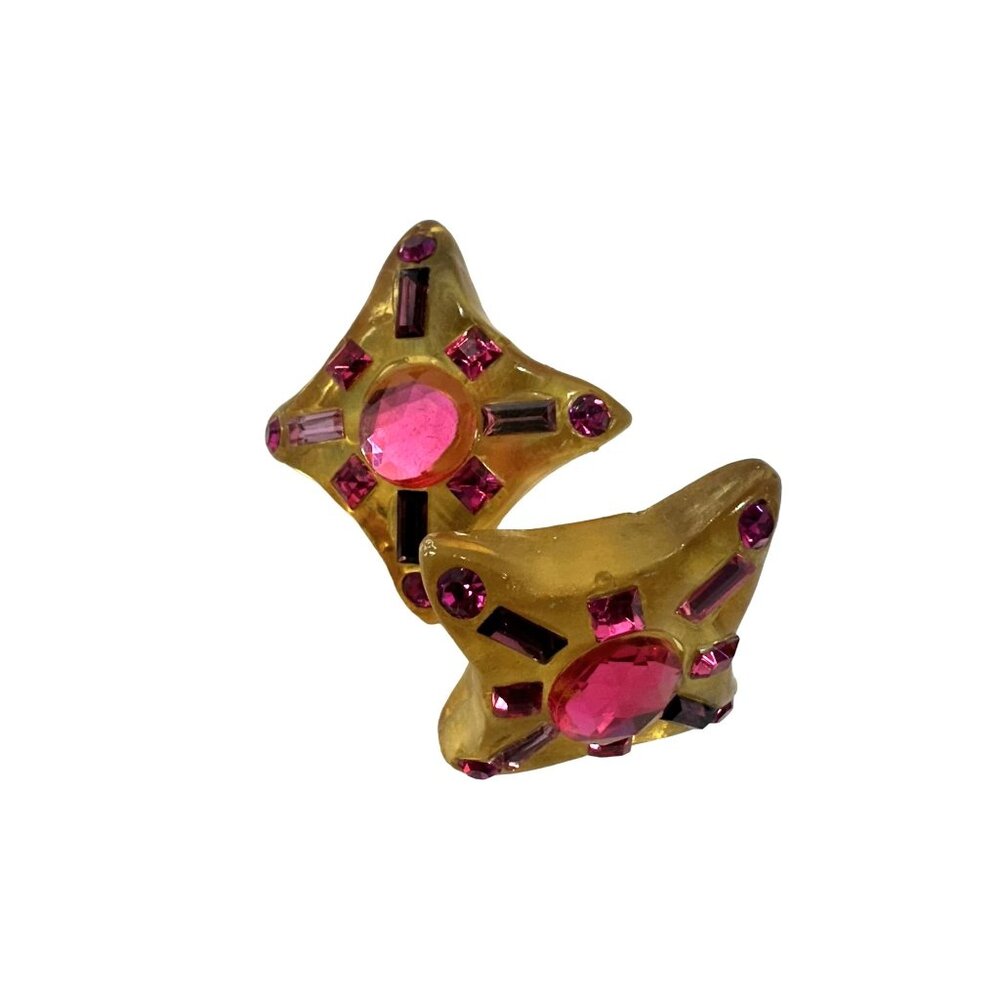 Vintage Starburst Clip On Earrings With Pink Rhinestones Resin 70s Barbie